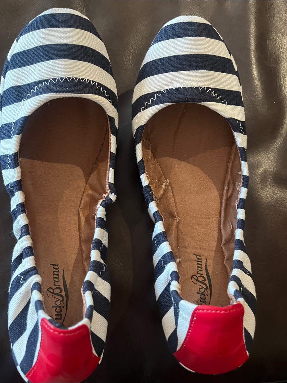 Lucky Brand Navy and White Striped Slip-On Flats with Red Heel Accent